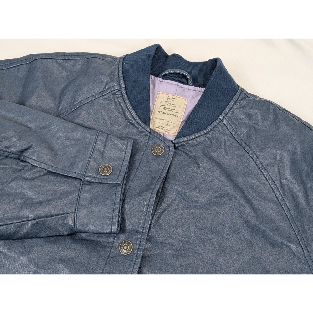Free People Vegan Leather Jacket Size LG Bomber Biker Blue Overboard We The Free